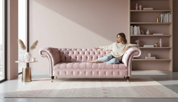 Chesterfield 3-Sëtz Sofa aus Stoff Rouse Stoffsofa Fousstäsch Living-Raum nei.