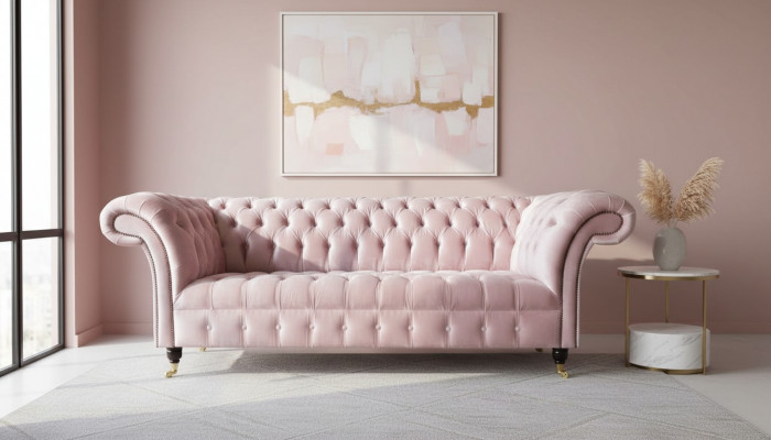 Chesterfield 3-Sëtz Sofa aus Stoff Rouse Stoffsofa Fousstäsch Living-Raum nei.