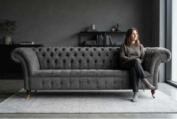 Chesterfield 3-Sëtzer Canapé Polstersëtz Textilstoff Gro Couchen Sofa