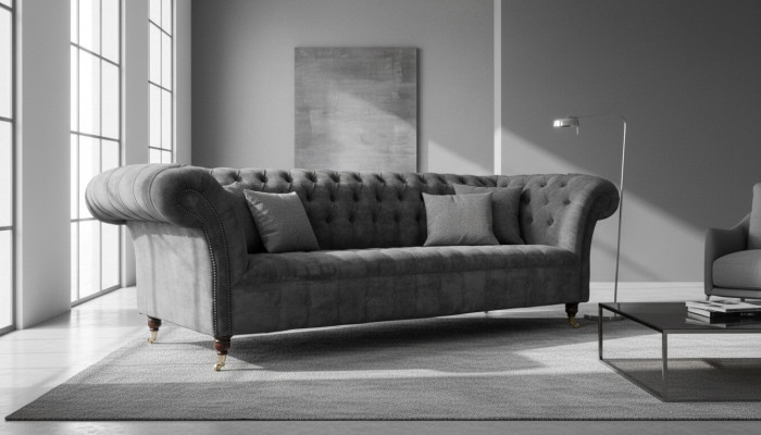 Chesterfield 3-Sëtzer Canapé Polstersëtz Textilstoff Gro Couchen Sofa