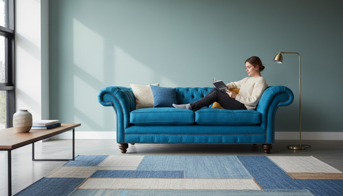 Chesterfield Sofa 3-Sëtzer Couch Polstersofas Stoff Wunnzëmmer Blo Textil