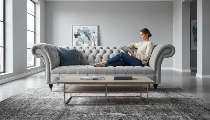 Chesterfield Textil Sofa Couch 3-Sëtzer Polster Sëtz Gro Sofas Grouss Nei