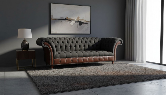 Chesterfield 3-Sëtz Sofa Canapé Lieder Polster Sëtz Stëff Schwaarz Nei