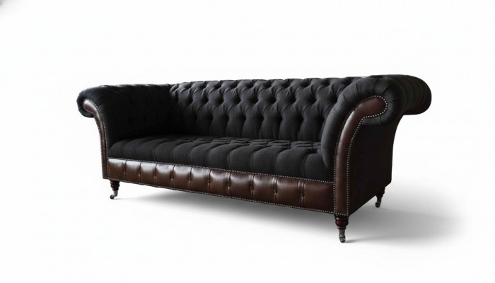 Chesterfield 3-Sëtz Sofa Canapé Lieder Polster Sëtz Stëff Schwaarz Nei