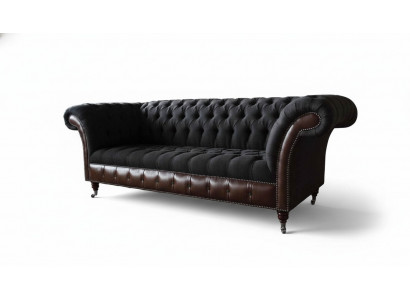 Chesterfield 3-Sëtz Sofa Canapé Lieder Polster Sëtz Stëff Schwaarz Nei