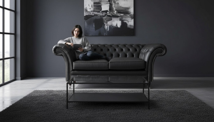 Sofa Luxus Textil Chesterfield Canapéen Sofas Polster 2 Sëtzer Schwaarz Lieder