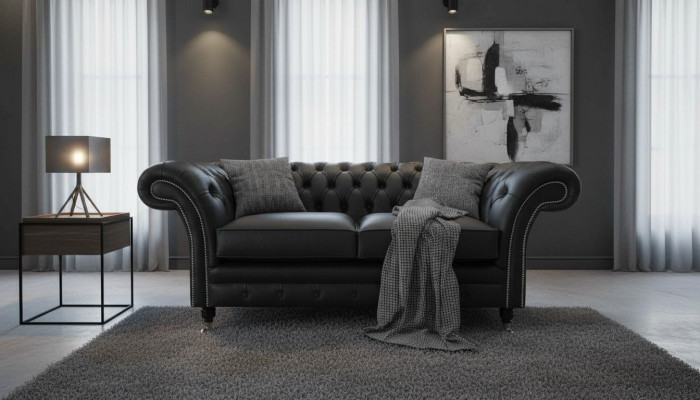 Sofa Luxus Textil Chesterfield Canapéen Sofas Polster 2 Sëtzer Schwaarz Lieder
