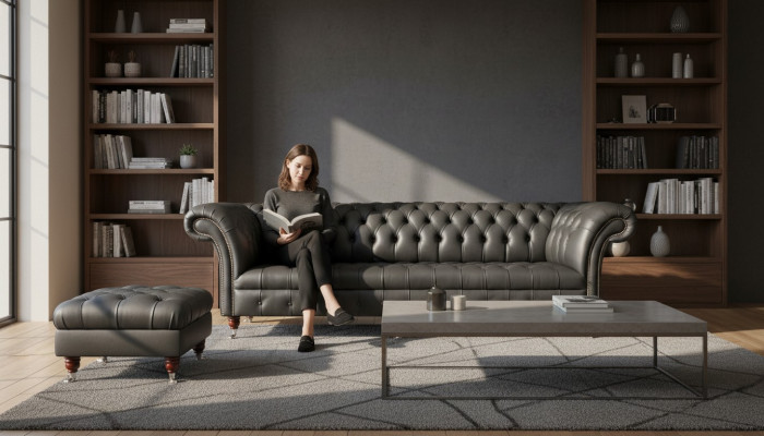 Luxus Véiersëtzer Sofa 4 Sëtzer Wunnzëmmer Chesterfield Engleschen Stoffdesign