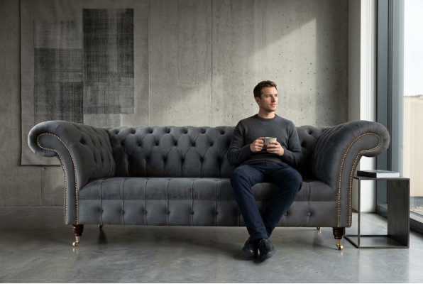Englesch Chesterfield Sofa Canapé Büro Miwwelen Drësëtzer Samett 230cm Groméiert.