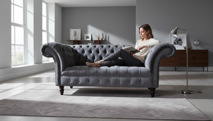 Sofa 2-Sëtzer Couch Design Polster Textil Stoff Gro Chesterfield Nei