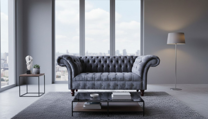 Sofa 2-Sëtzer Couch Design Polster Textil Stoff Gro Chesterfield Nei