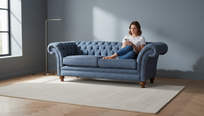 Englänner Chesterfield Sofa Couch Büro Miwwelen Dräisiichter Samt 230cm Sofas