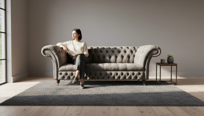 Englesch Chesterfield Sofa Couch Büro Miwwelen Dräisëtzer Samett 230cm Taupe