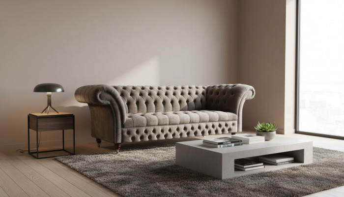 Englesch Chesterfield Sofa Couch Büro Miwwelen Dräisëtzer Samett 230cm Taupe