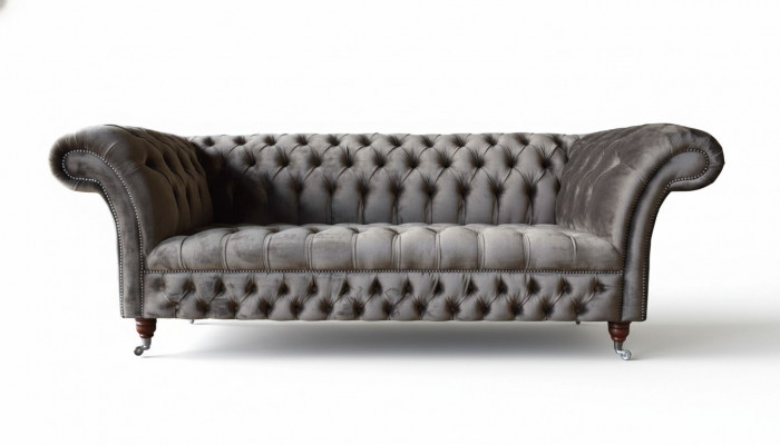 Englesch Chesterfield Sofa Couch Büro Miwwelen Dräisëtzer Samett 230cm Taupe