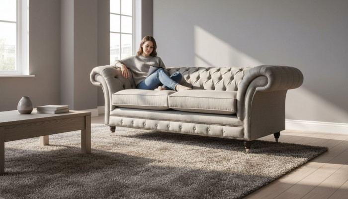 Englesch Chesterfield Sofa Couch Büro Miwwel Drësëtz Samt 230cm Braun