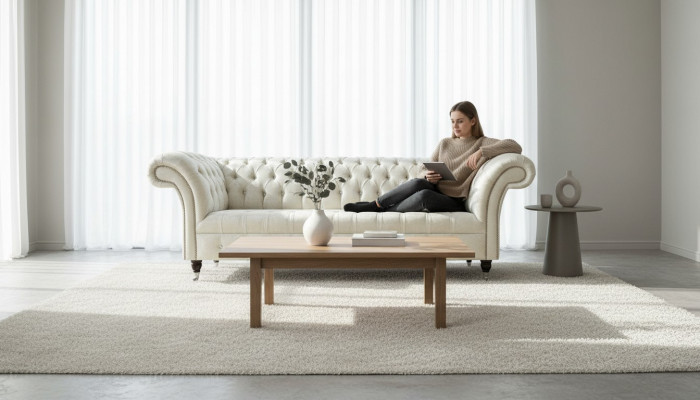 Dreiplazeg wäiss Stoff Wunnzëmmer Design Canapéen Sofa Chesterfield Canapé
