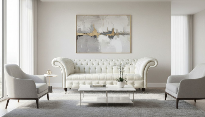 Dreiplazeg wäiss Stoff Wunnzëmmer Design Canapéen Sofa Chesterfield Canapé