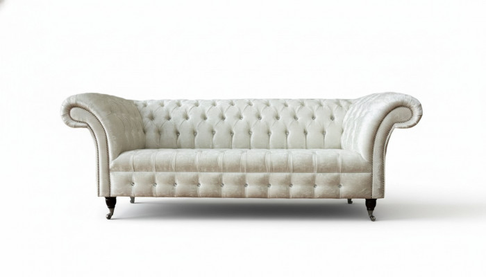 Dreiplazeg wäiss Stoff Wunnzëmmer Design Canapéen Sofa Chesterfield Canapé