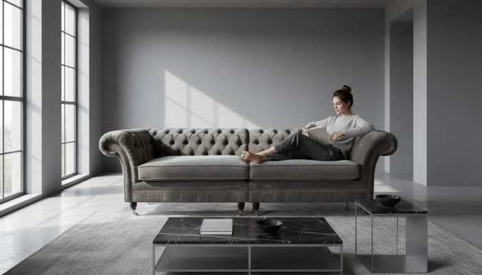 Chesterfield Véiersëtzer Canapé 4 Sëtzer Canapéen Stoff Polyester Gro Miwwelen