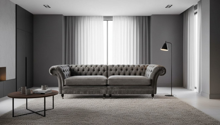 Chesterfield Véiersëtzer Canapé 4 Sëtzer Canapéen Stoff Polyester Gro Miwwelen
