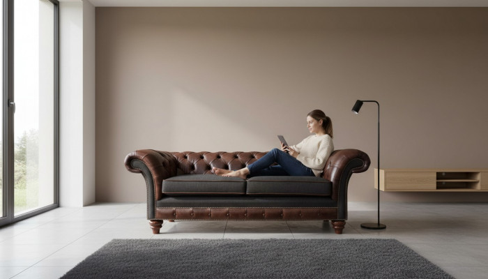 Brong Chesterfield Englesche klassesche Stil Canapé Couch 3 Sëtz Polster 230cm