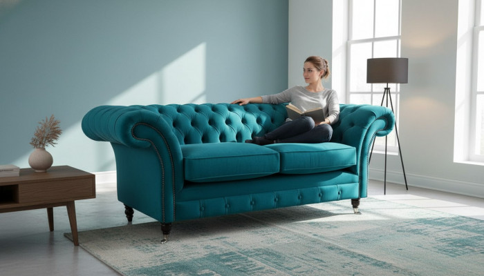 Chesterfield 2 Sëtzer Canapé Pouf Setz Textil Stoff Canapéen Sofa Nei