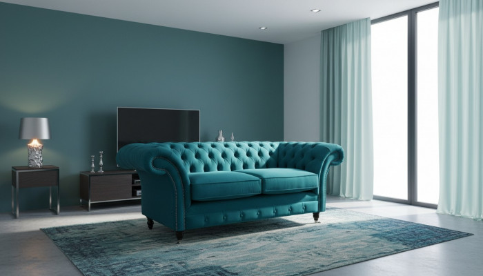 Chesterfield 2 Sëtzer Canapé Pouf Setz Textil Stoff Canapéen Sofa Nei