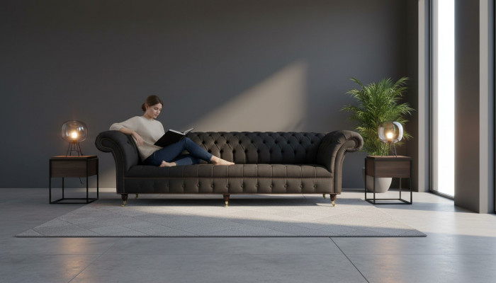 Chesterfield Sofa 4 Sëtzer Schwaarz Stoff Wunnzëmmer Design Canapé Polster