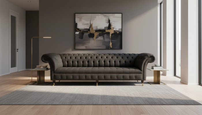 Chesterfield Sofa 4 Sëtzer Schwaarz Stoff Wunnzëmmer Design Canapé Polster