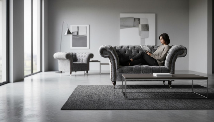 Design Chesterfield Stoff Canapé Sëtz 1.5 Sëtzer Polster Lounge Nei