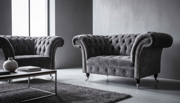 Design Chesterfield Stoff Canapé Sëtz 1.5 Sëtzer Polster Lounge Nei