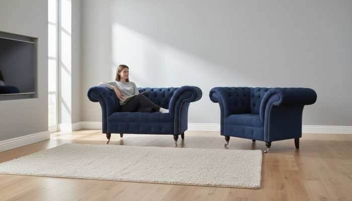 Chesterfield Sofa 1,5 Sëtzer Designer Couchen Canapé Stoff Bettfläich Textil