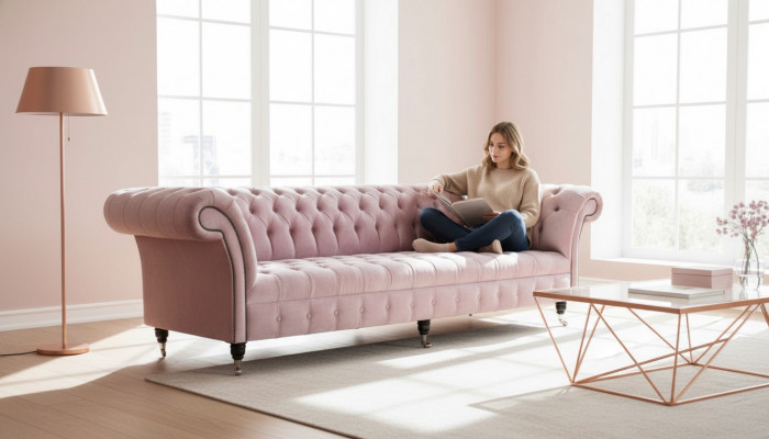 Chesterfield Rosa Canapé Sofa Polster 4 Sëtzer Canapéën Sëtz Sofas