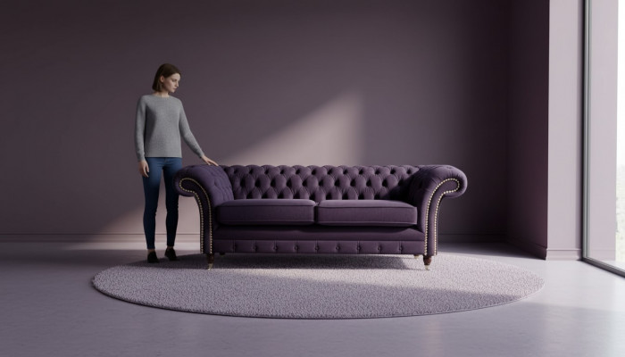 Chesterfield englesche klassesche Stil Sofa Couch 3 Sëtz Këssen Violett 230cm