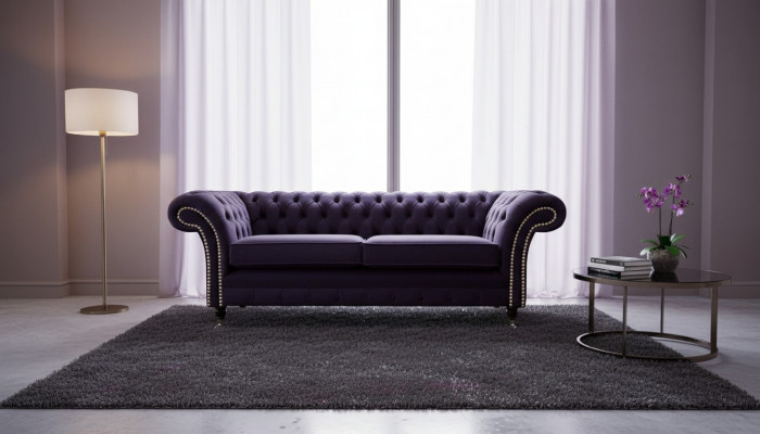 Chesterfield englesche klassesche Stil Sofa Couch 3 Sëtz Këssen Violett 230cm
