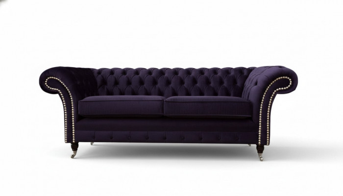 Chesterfield englesche klassesche Stil Sofa Couch 3 Sëtz Këssen Violett 230cm