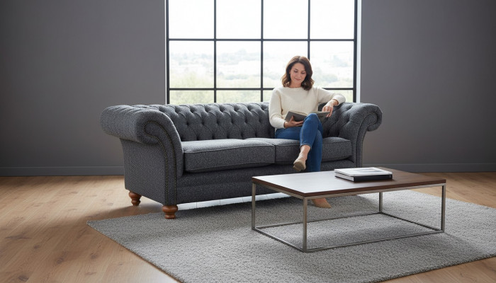 Grou Chesterfield 3 Sëtzer Gro Textil Design Canapéë Polstersofaen