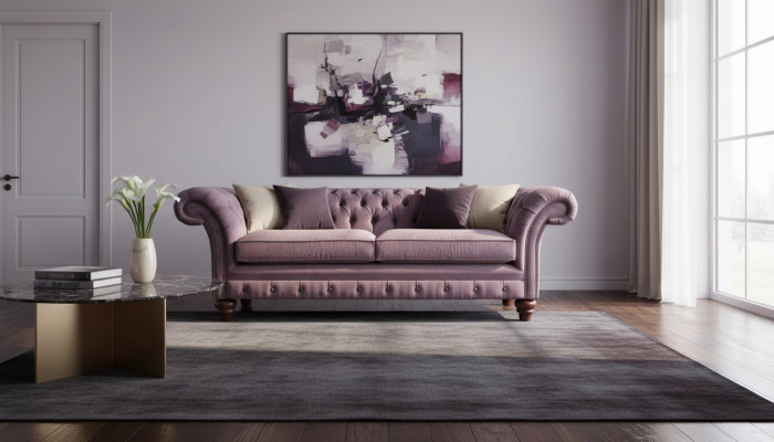 Chesterfield Lila Sofa 3 Sëtzer Wunnzëmmer Stoff Couch Polstersofaen