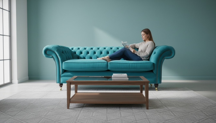 Chesterfield Dräisëtzer Blo Stoff Wunnzëmmer Design Polstersofa