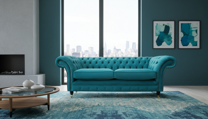 Chesterfield Dräisëtzer Blo Stoff Wunnzëmmer Design Polstersofa