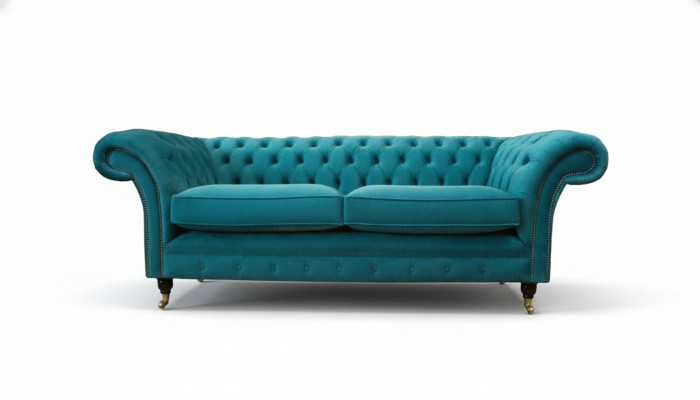 Chesterfield Dräisëtzer Blo Stoff Wunnzëmmer Design Polstersofa