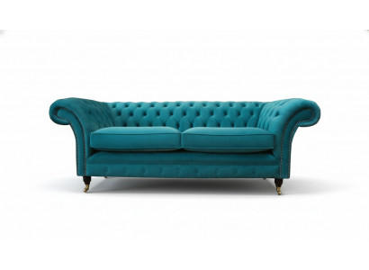 Chesterfield Dräisëtzer Blo Stoff Wunnzëmmer Design Polstersofa