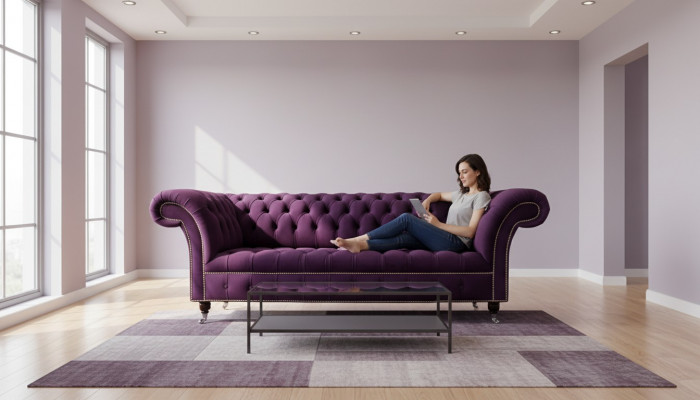Lila Chesterfield Sofa 3 Sëtzer Chesterfield Designer Couch Textil Stoff.