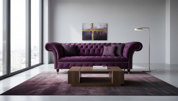 Lila Chesterfield Sofa 3 Sëtzer Chesterfield Designer Couch Textil Stoff.