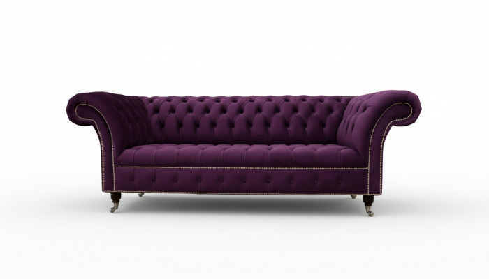 Lila Chesterfield Sofa 3 Sëtzer Chesterfield Designer Couch Textil Stoff.