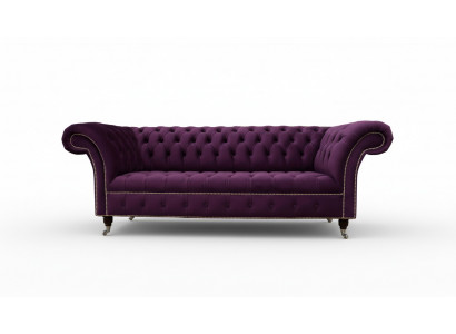 Lila Chesterfield Sofa 3 Sëtzer Chesterfield Designer Couch Textil Stoff.