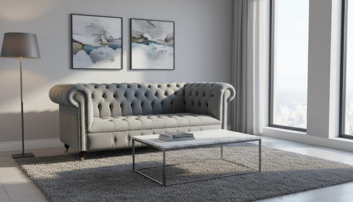 Sofa 3 Sëtz Textil Sofas Couch Polster Chesterfield Couche Griis Dräisëtzer
