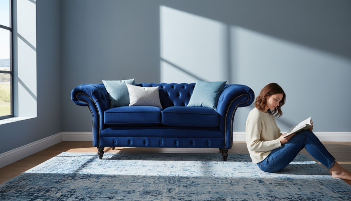 Chesterfield Büro Miwwelen Ariichtung Canapé Couch 2 Sëtzer Textil Blo