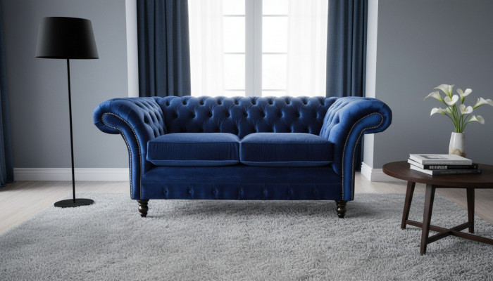 Chesterfield Büro Miwwelen Ariichtung Canapé Couch 2 Sëtzer Textil Blo